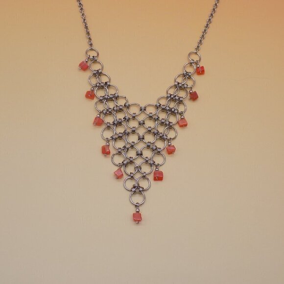 Vintage Mesh Choker Bib Necklace Silver Tone Orange Glass Square Beads - Picture 7 of 11